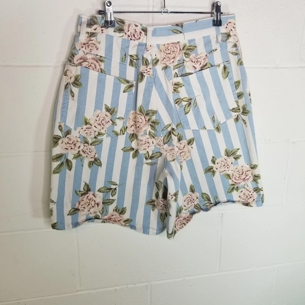 Vtg 80s 90s striped rose print bermuda long denim shorts Cottagecore